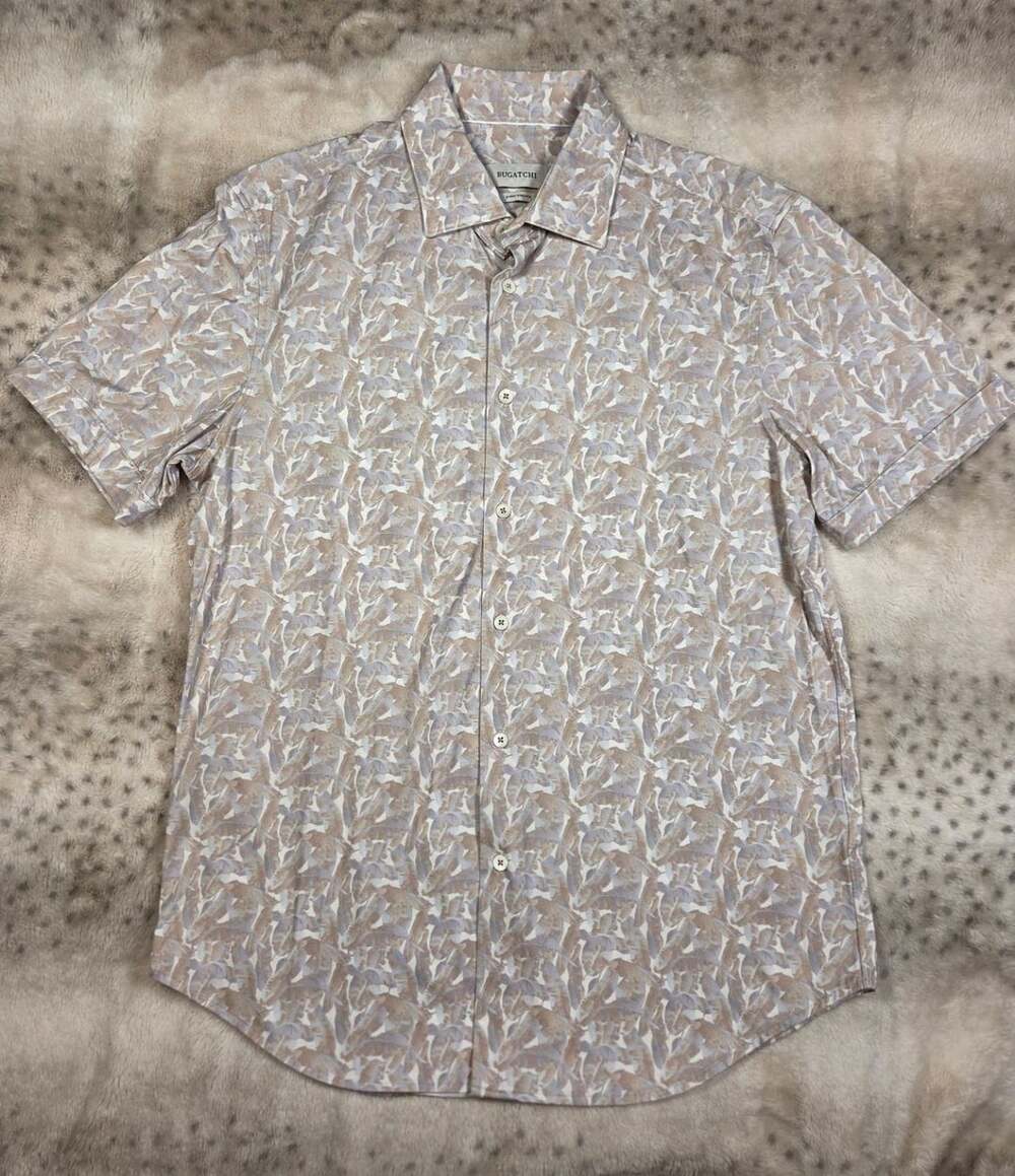 Bugatchi Leaf Print Short Sleeve Stretch Shirt in Sand Medium